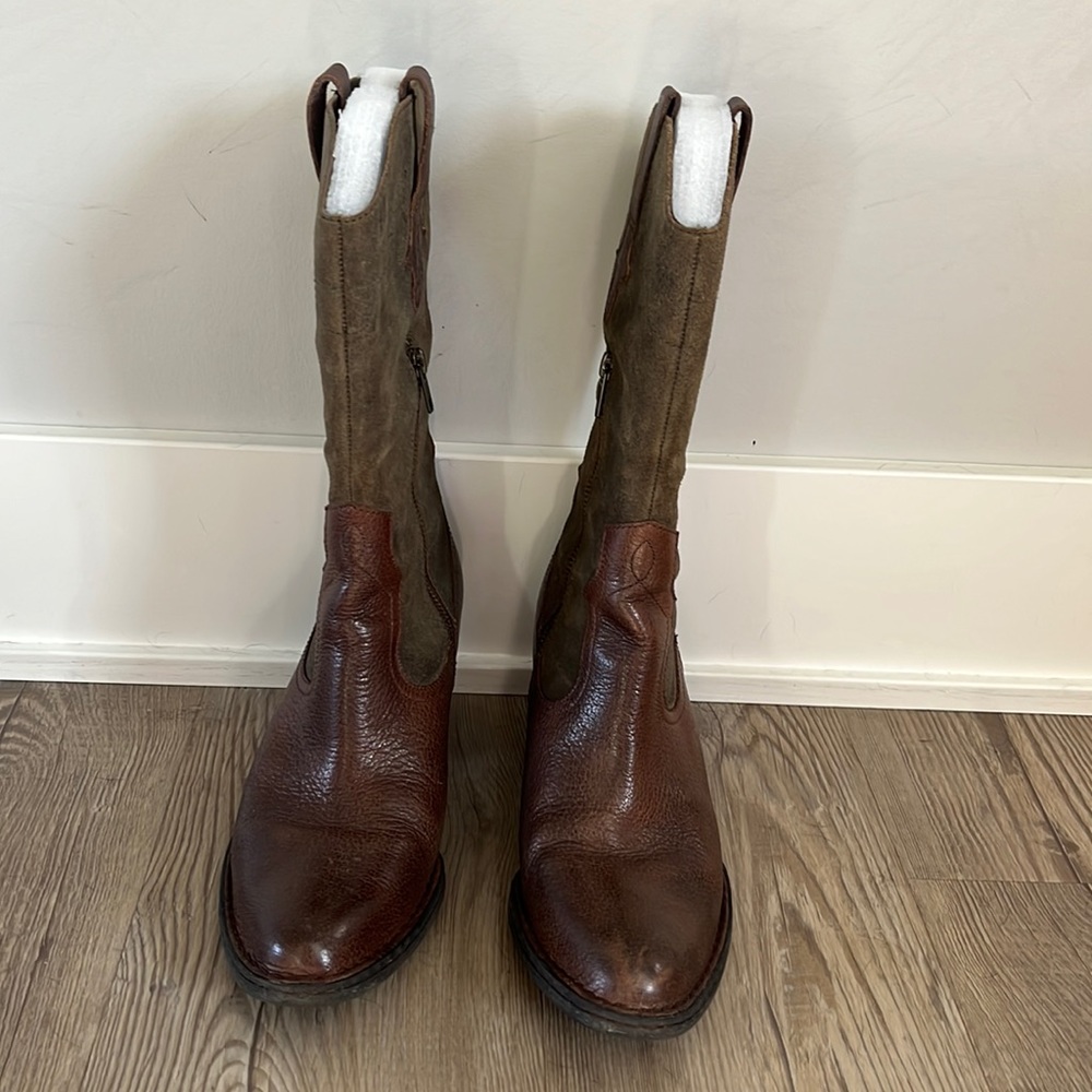 Brown and green heeled cowgirl style boots